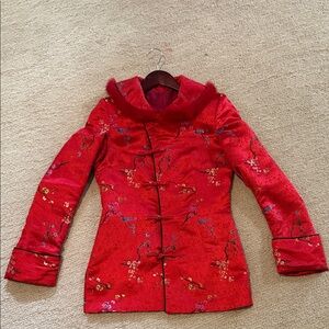 Red Floral brocades Blazer with Fur-Trim Collar